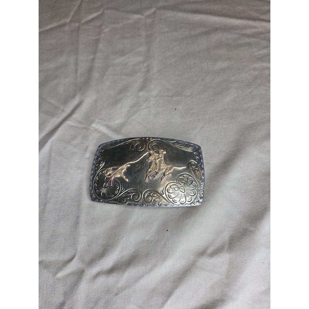 Vintage Nickel Silver Belt Buckle - Calf Roping Western - Antique